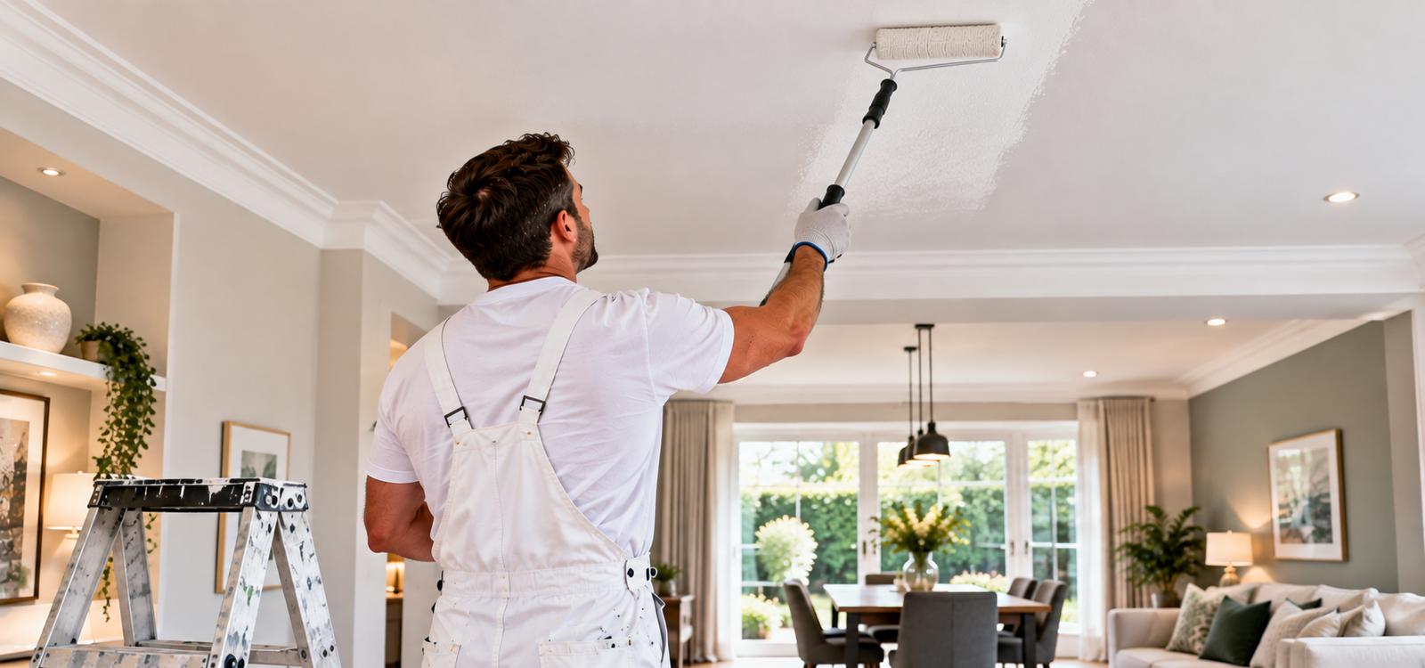 Painter rolling a fresh white ceiling in a bright living room, ceiling painting for homes in Gosforth