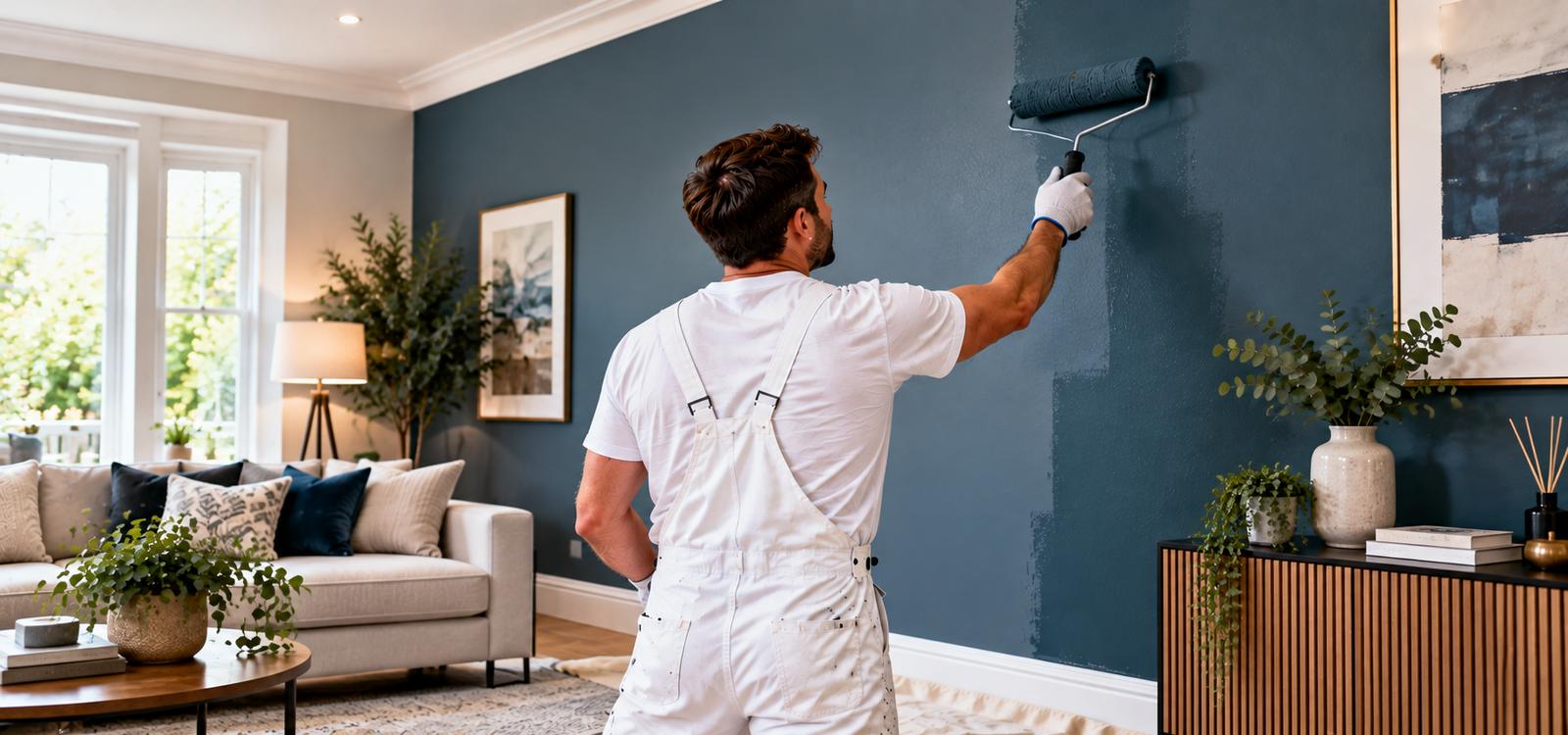 Decorator rolling a navy blue feature wall in a living room, feature wall painting in Blyth
