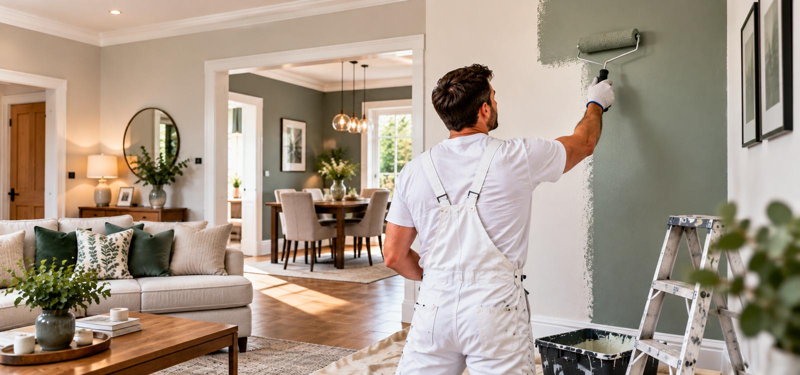 Painter rolling sage green emulsion onto a living room wall, interior painting in Consett